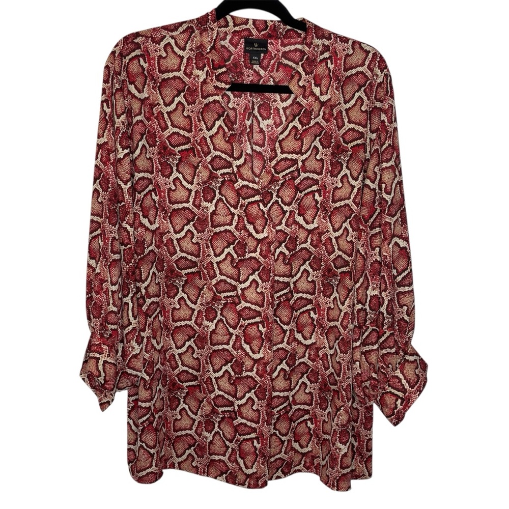 Worthington Blouse Women XXL Red Snake Animal Print Polyester 3/4 Sleeve V-Neck